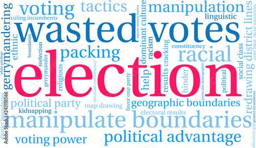 Election with Gerrymandering Word Cloud on a white background. 