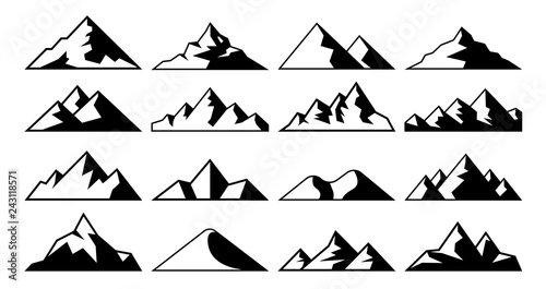 Mountain peak icon. Tibet mountains, berg hills tops and everest hill landscape vector icons set