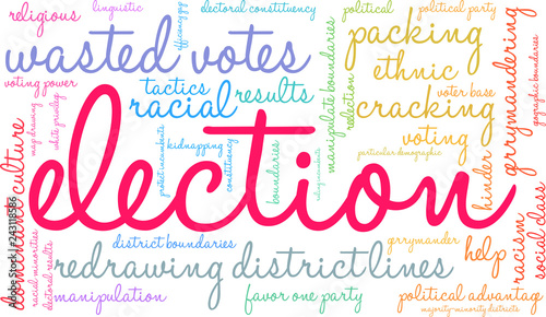 Election with Gerrymandering Word Cloud on a white background. 