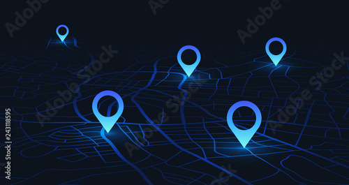 Gps tracking map. Track navigation pins on street maps, navigate mapping technology and locate position pin vector illustration photo