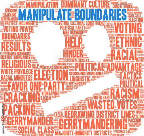 Manipulate Boundaries in Gerrymandering Word Cloud on a white background. 