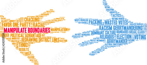 Manipulate Boundaries for Gerrymandering Word Cloud on a white background. 