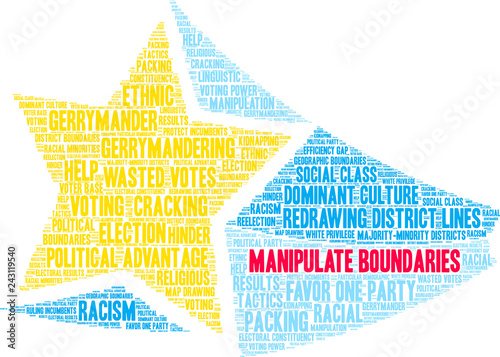Manipulate Boundaries for Gerrymandering Word Cloud on a white background. 