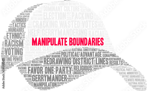 Manipulate Boundaries for Gerrymandering Word Cloud on a white background. 