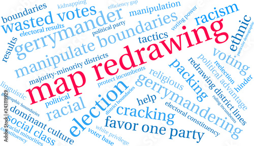 Map Redrawing with Gerrymandering Word Cloud on a white background. 
