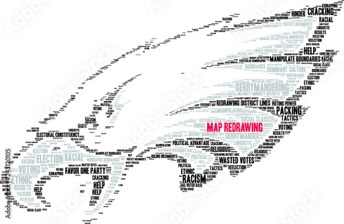 Map Redrawing in Gerrymandering Word Cloud on a white background. 
