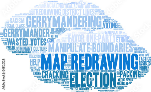 Map Redrawing in Gerrymandering Word Cloud on a white background. 