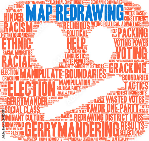 Map Redrawing with Gerrymandering Word Cloud on a white background. 