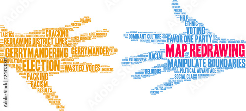 Map Redrawing for Gerrymandering Word Cloud on a white background. 