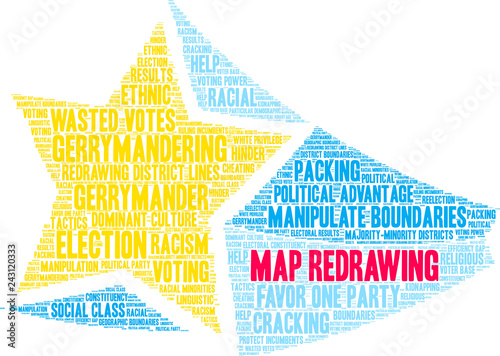 Map Redrawing with Gerrymandering Word Cloud on a white background. 