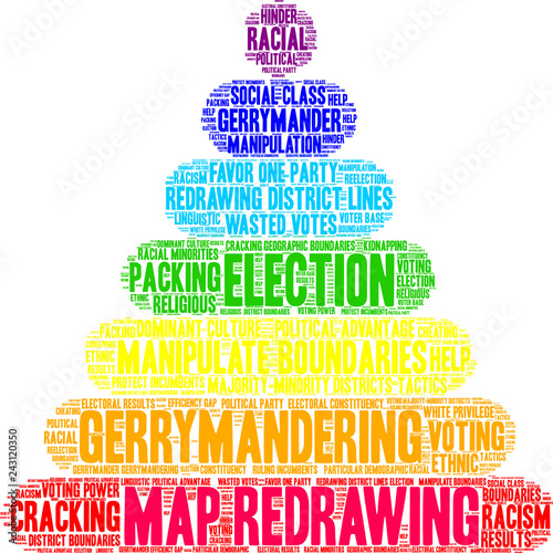 Map Redrawing for Gerrymandering Word Cloud on a white background. 