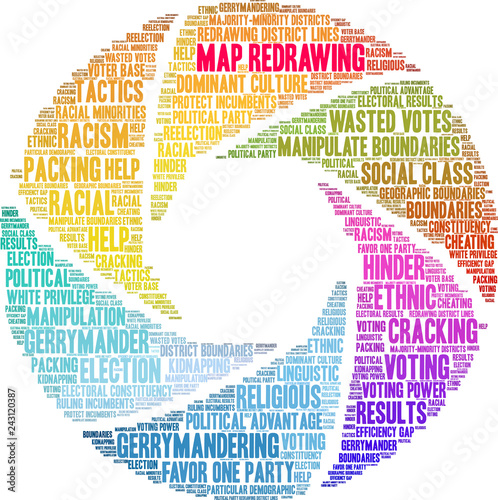 Map Redrawing for Gerrymandering Word Cloud on a white background. 