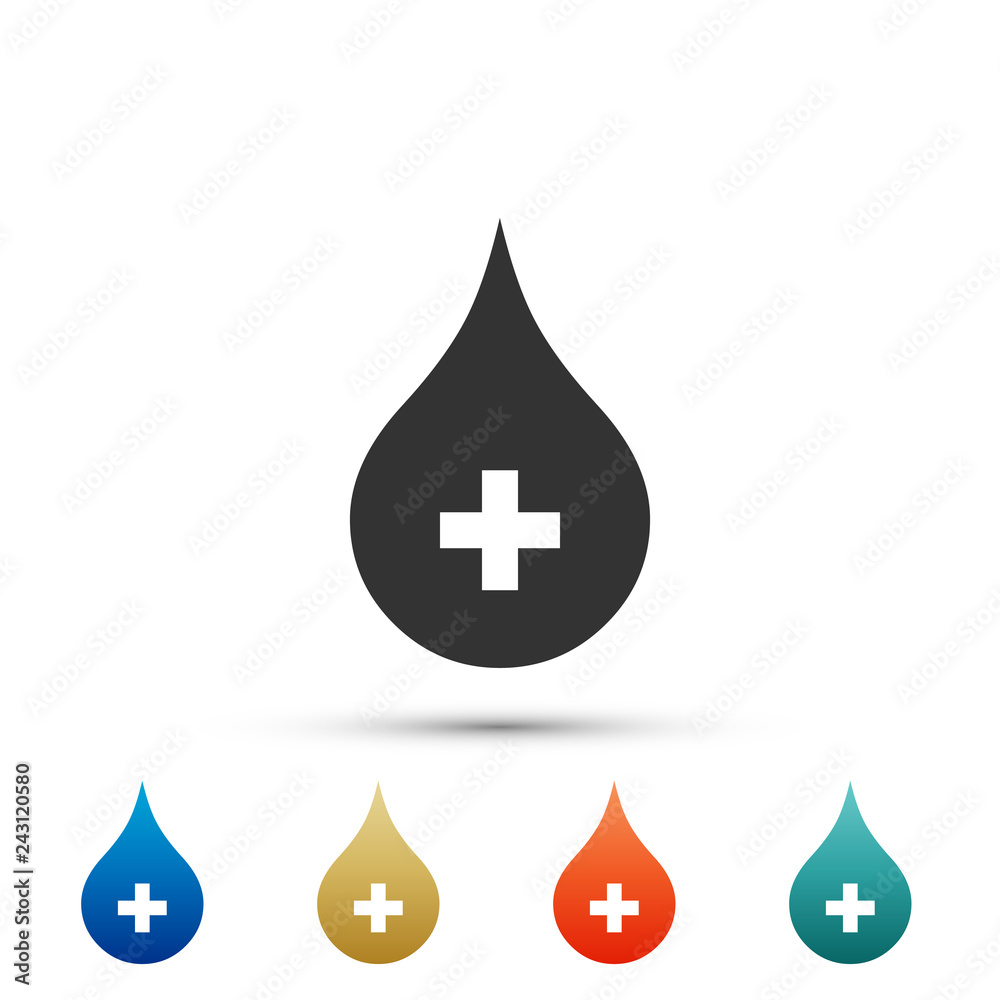 Blood drop icon isolated on grey background. Donate drop blood with cross sign. Donor concept. Set elements in colored icons. Flat design. Vector Illustration Blood drop icon isolated on grey background. Donate drop blood with cross sign. Donor concept. Set elements in colored icons. Flat design. Vector Illustration