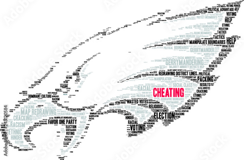 Cheating with Gerrymandering Word Cloud on a white background. 