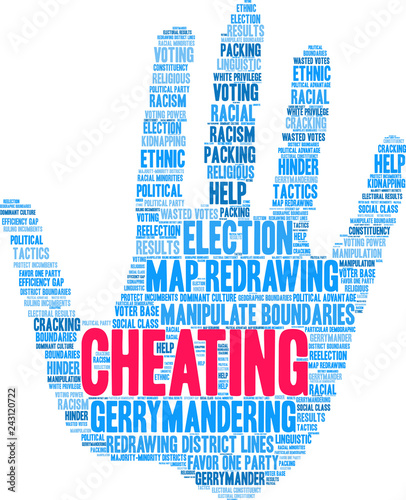 Cheating with Gerrymandering Word Cloud on a white background. 