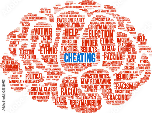 Cheating with Gerrymandering Word Cloud on a white background. 