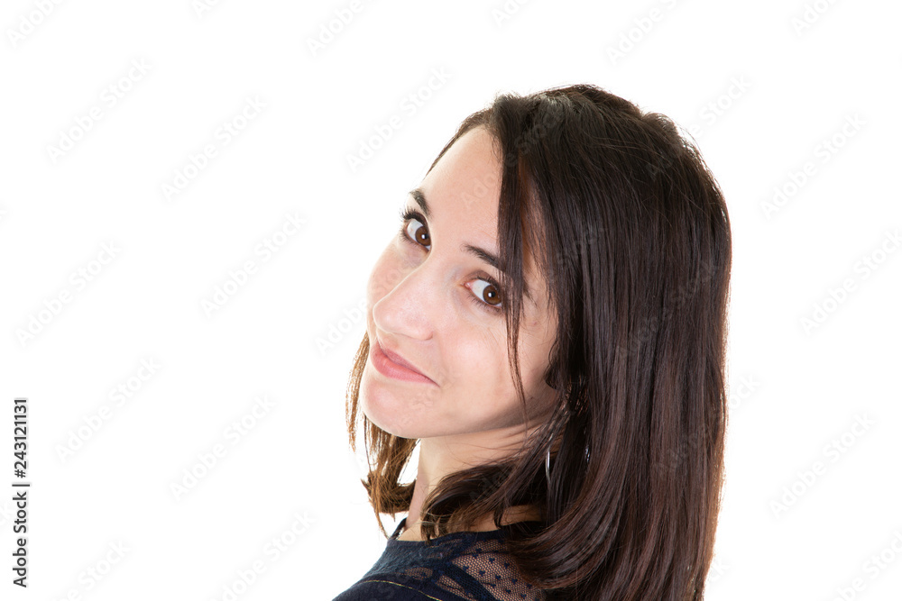 pretty woman in portrait looking back who turns pretty woman in portrait looking back who turns