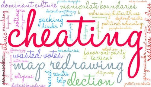 Cheating with Gerrymandering Word Cloud on a white background. 