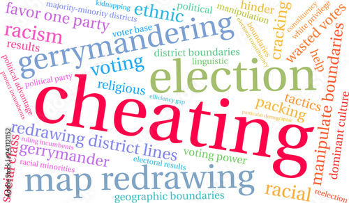 Cheating with Gerrymandering Word Cloud on a white background. 
