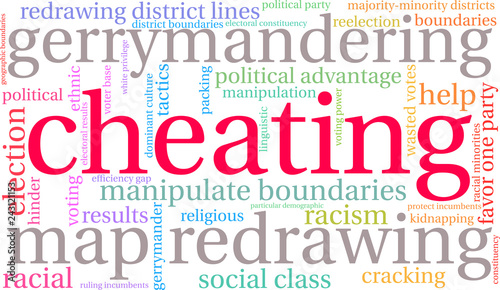 Cheating with Gerrymandering Word Cloud on a white background. 