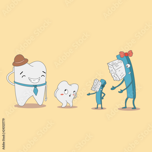 Cartoon tooth with a toothbrush. Dental care and hygiene illustration. Brushing teeth. Funny vector illustration for kids.