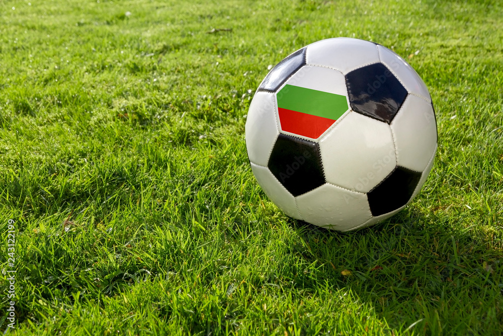 Fototapeta premium Football on a grass pitch with Bulgaria Flag