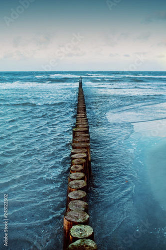 Wooden Groynes on the beach at blue twilight light after sunset with with water reflection and waves. German Baltic Sea Darßer Ort, Weststrand coastline at Fischland-Darss-Zingst