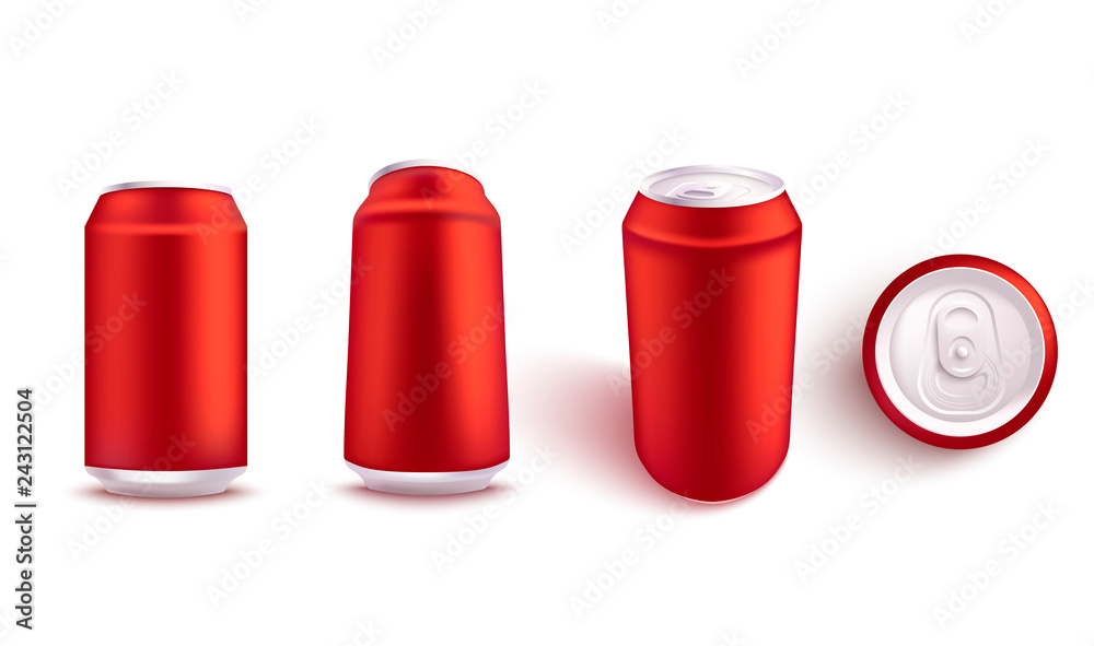 Vector illustration mockup set of blank red aluminum soda or beer can from different angles in realistic 3d style - isolated empty metallic pack for alcohol or fizzy drink branding and advertising. Vector illustration mockup set of blank red aluminum soda or beer can from different angles in realistic 3d style - isolated empty metallic pack for alcohol or fizzy drink branding and advertising.