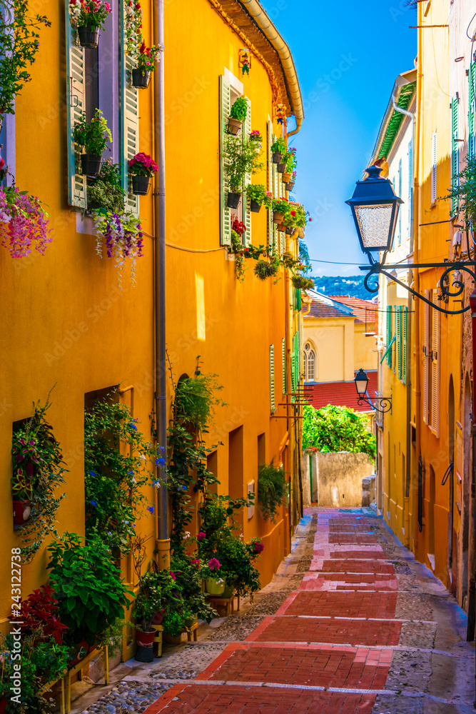 Old town architecture of Menton on French Riviera - obrazy, fototapety, plakaty 