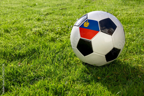 Football on a grass pitch with Liechtenstein Flag
