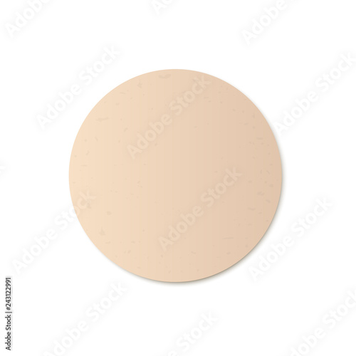 Vector illustration of mock up of brown blank round glued paper sticker in realistic style. Circle adhesive paper sheet - empty post note template isolated on white background.
