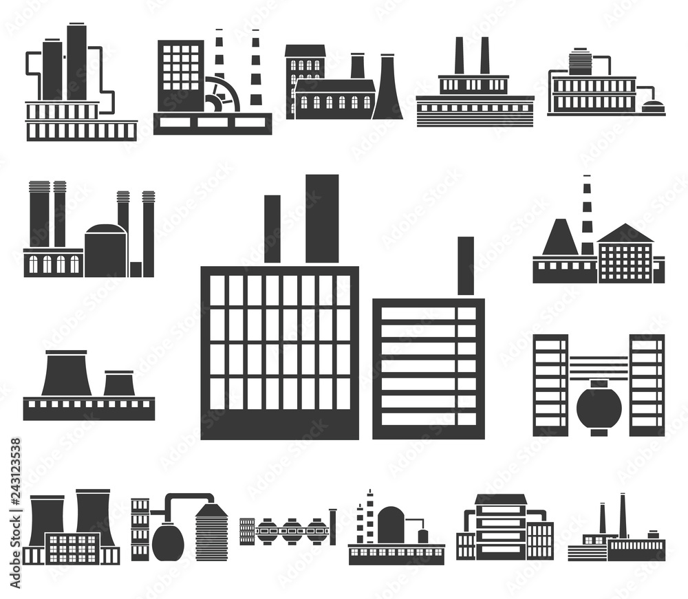 Factory and facilities black icons in set collection for design. Factory and equipment vector symbol stock web illustration. Factory and facilities black icons in set collection for design. Factory and equipment vector symbol stock web illustration.