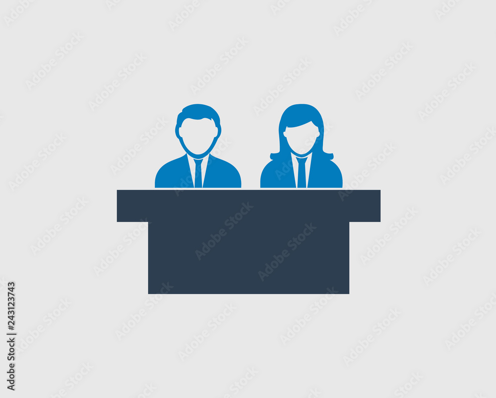 Interview Panel Icon with desk on gray background. 