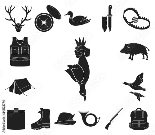 Hunting and trophy black icons in set collection for design. Hunting and equipment vector symbol stock web illustration.