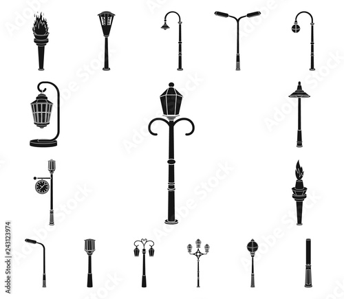 Lamp post black icons in set collection for design. Lantern and lighting vector symbol stock web illustration.
