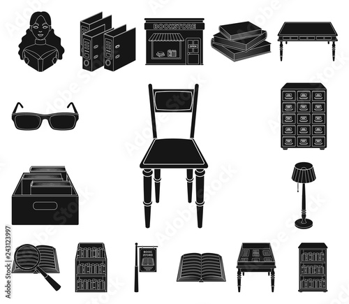 Library and bookstore black icons in set collection for design. Books and furnishings vector symbol stock web illustration.