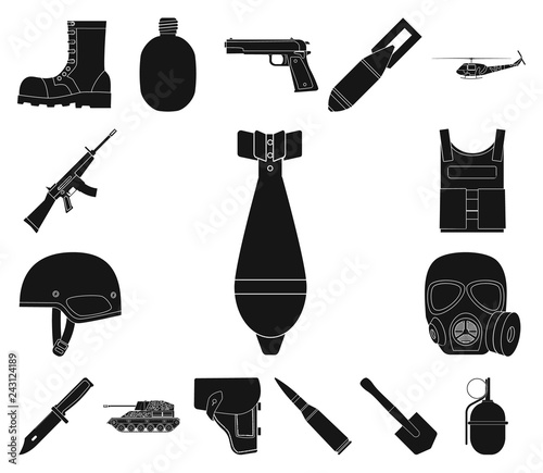 Army and armament black icons in set collection for design. Weapons and equipment vector symbol stock web illustration.