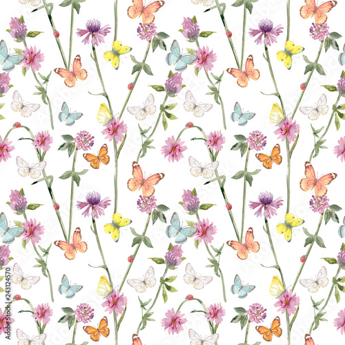 graceful seamless texture with ladybugs on meadow flowers and flying butterflies. watercolor painting
