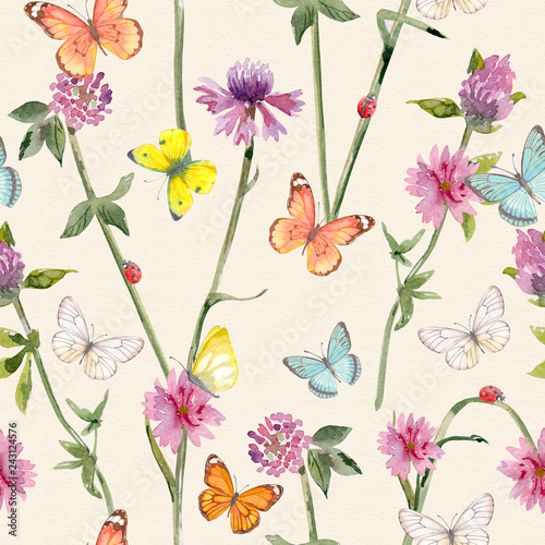 botanical seamless texture with ladybugs on meadow flowers and flying butterflies. watercolor painting