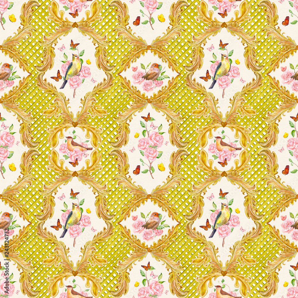 Fototapeta premium fancy seamless texture with gold floral scroll filigree and birds. watercolor painting