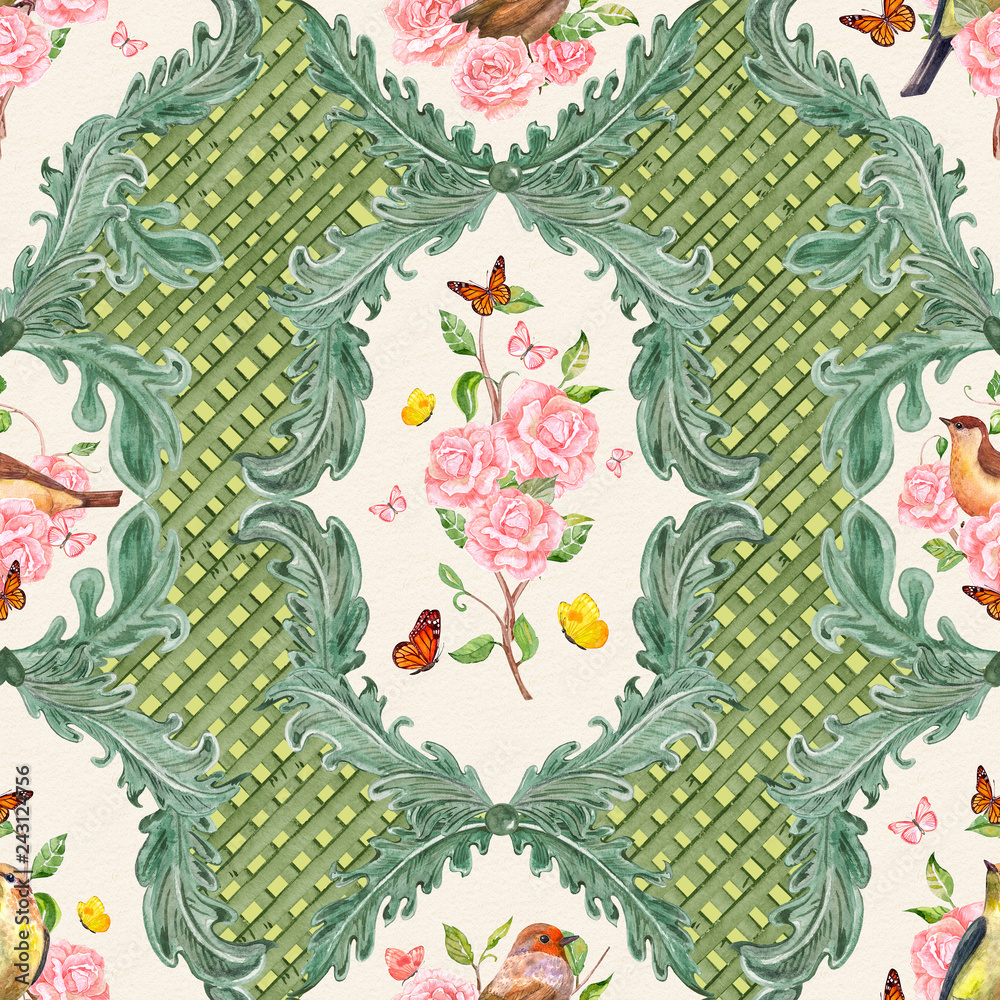 Naklejka premium elegant seamless texture with natural floral scroll filigree and butterflies. watercolor painting