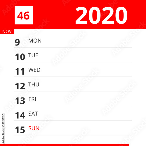 Calendar planner for Week 46 in 2020, ends November 15, 2020 .