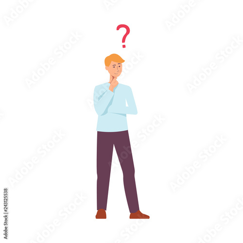 Vector young blonde man in casual clothing standing in thoughtful pose holding his chin thinking with questions above head. Isolated illustration portrait in flat style