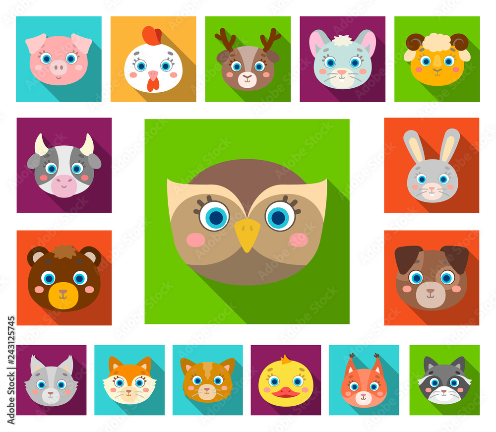 Muzzles of animals flat icons in set collection for design. Wild and domestic animals vector symbol stock web illustration.