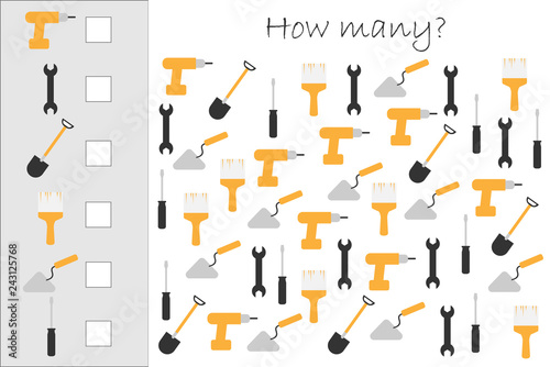 How many counting game with construction pictures for kids, educational maths task for the development of logical thinking, preschool worksheet activity, count and write result, vector illustration
