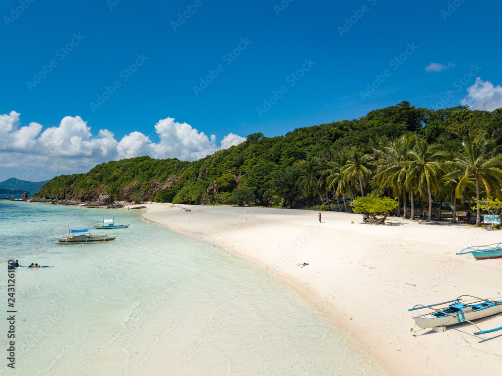 Aerial view of tropical beach on the island Malcapuya. Beautiful tropical island with sand beach, palm trees. Tropical landscape with shore and boat. Palawan, Philippines