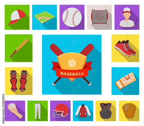 Baseball and attributes flat icons in set collection for design.Baseball player and equipment vector symbol stock web illustration.