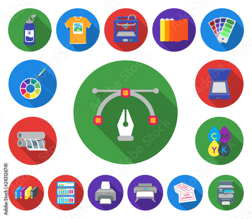 Typographical products flat icons in set collection for design. Printing and equipment vector symbol stock web illustration.