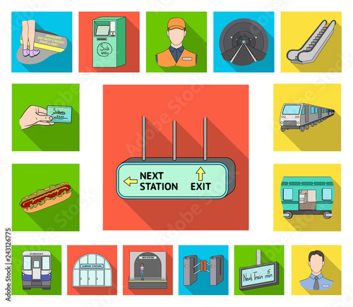 Metro, subway flat icons in set collection for design.Urban transport vector symbol stock web illustration.