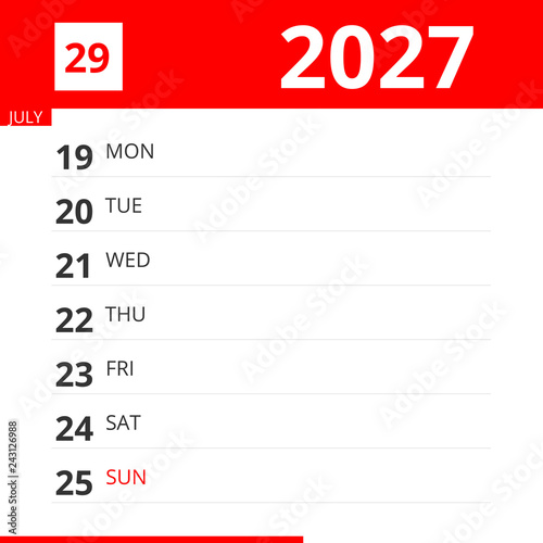 Calendar planner for Week 29 in 2027, ends July 25, 2027 . photo